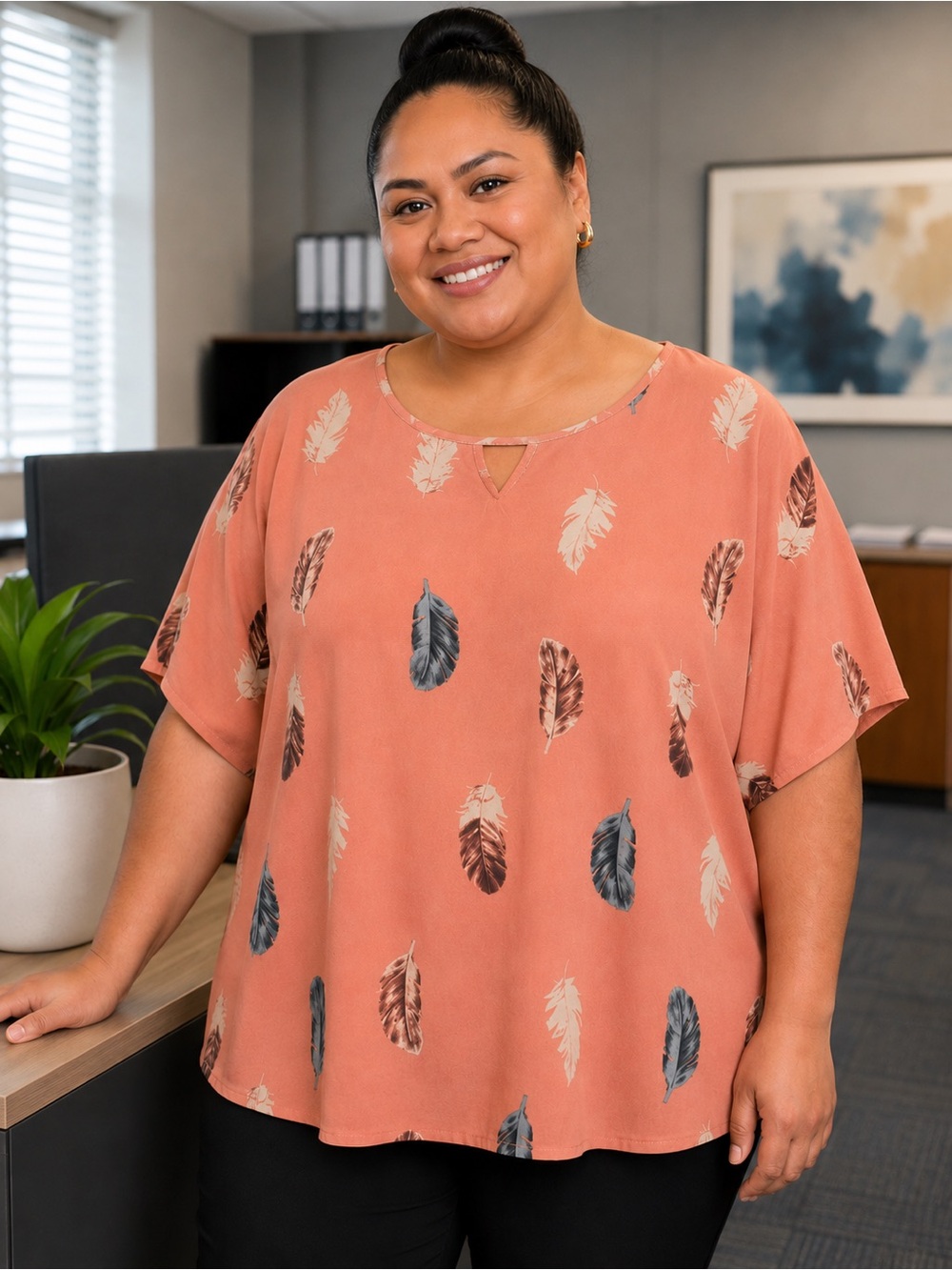 Women’s Feather Print Blouse – Size 6XL
